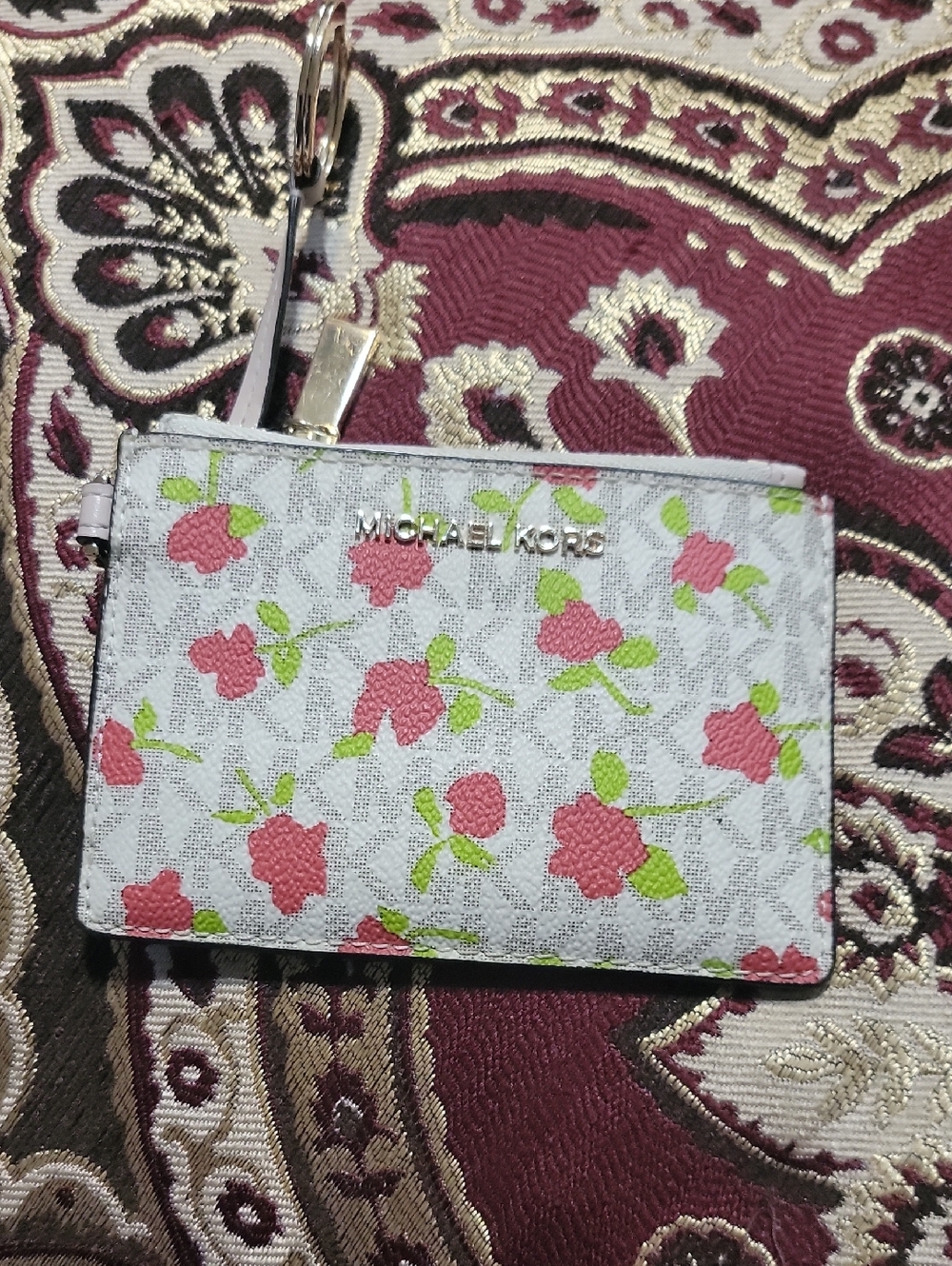 Michael Kors White Floral Wristlet Card Case with Pink and Green Flowers